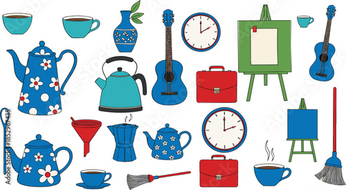Colorful flat vector illustration set with teapots coffee cups clocks guitars easel tools and creative lifestyle objects