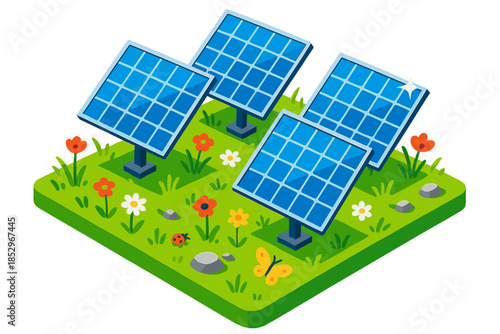 Solar Panel Meadow. Isometric vector illustration set Solar Panel Meadow: grassy meadow with solar panels, scattered wildflowers,