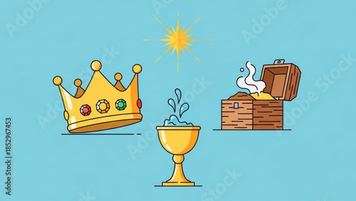 Golden crown chalice with water and treasure chest icons representing royalty wealth and discovery flat vector illustration for concepts