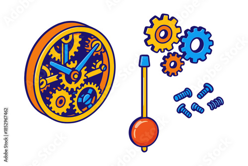 Mechanical Clockwork Wonders. Isometric vector illustration set Mechanics Clock: exposed mechanical clock, cogs and wheels,
