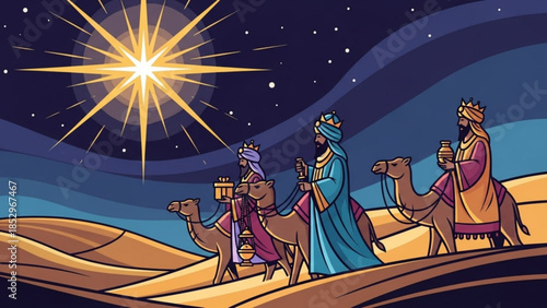Three wise men on camels following the star of Bethlehem across a desert landscape a religious Christmas nativity scene illustration