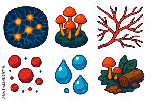 Glowing Fungal Web. Isometric vector illustration set Fungus Network: glowing fungal web, tiny mushroom clusters, branching