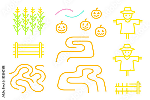 Neon Cornfield Maze. Isometric vector illustration set Cornfield Maze: illuminated corn stalks, neon trail markers, glowing