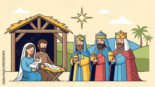 Nativity scene with Mary Joseph baby Jesus and the Three Wise Men flat illustration for Christmas and religious themes
