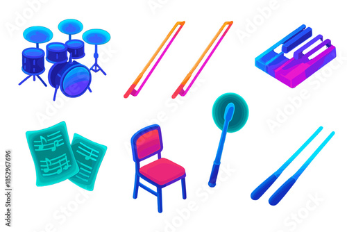 Phantom Orchestra Icons. Isometric vector illustration set Phantom Limb Orchestra: ethereal drum sets, glowing cello bows, neon