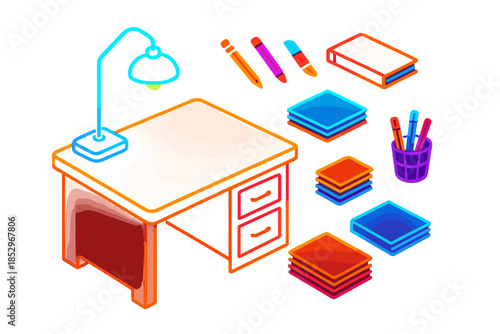 Glowing Desk Aesthetic. Isometric vector illustration set Walnut Desk Glow: glowing wooden desk, neon desk lamp, floating