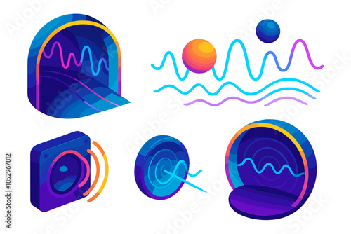 Luminous Resonance Corridors. Isometric vector illustration set Whispering Gallery Effect: luminous curved corridors, neon