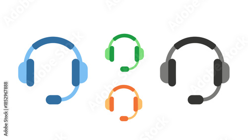 Four colorful headsets with microphones, representing customer service, communication, or audio support in a flat design style.