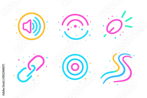 Whisper Chain Reaction. Isometric vector illustration set Whisper Chain Reaction: glowing sound nodes, neon echo arcs, floating