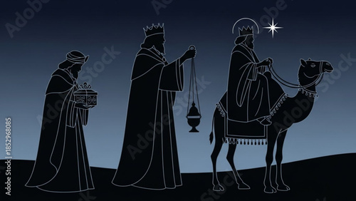 Three Wise Men silhouettes on a camel carrying gifts and a censer guided by a star for Christmas nativity scenes and religious concepts