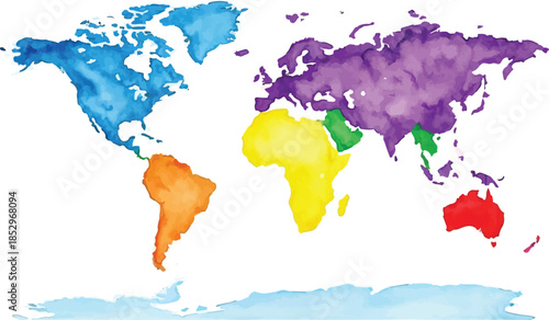 Watercolor World Map Illustration with Colorful Continents on White Background