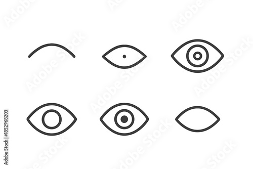 Vision Symbol Icons. Line style icons of Vision Symbols: sight curve, gaze mark, subtle iris, rounded contour, gentle pupil,