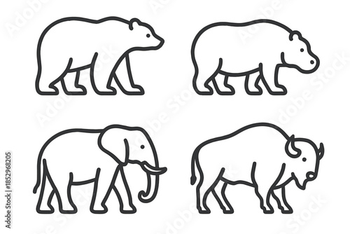 Line Style Creatures. Line style icons of Large Creatures: heavy silhouette, broad frame, curved spine, thick limb line, subtle