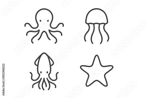 Marine Animal Icons. Line style icons of Marine Animals: soft-bodied shape, subtle curve, spreading limbs, calm outline, simple