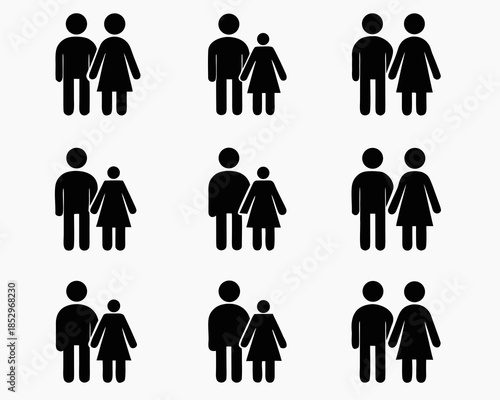 A collection of simple black silhouette icons depicting pairs of people