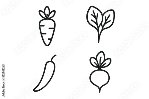 Line Style Vegetables. Line style icons of Vegetables: root shape, leafy sprout, slim outline, natural curve, small stem, minimal