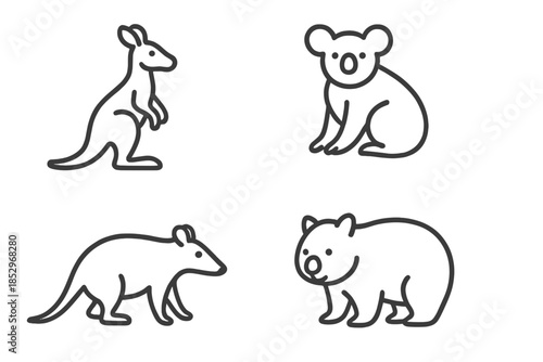 Marsupial Line Icons. Line style icons of Marsupials: gentle creature form, soft ear arc, rounded muzzle, curved body line, subtle