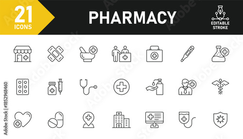 Pharmacy line icon set. Set of 21 outline icons related to medicine, pharmacy, bandage, treatment, clinic, syringe and others. Editable stroke. Vector illustration.