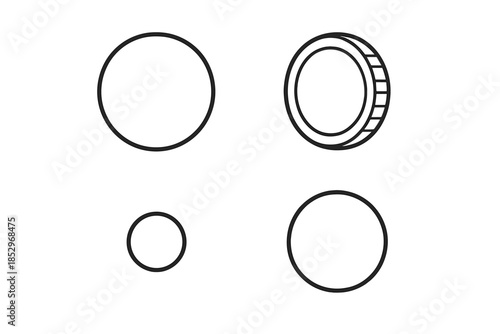 Line Coin Icons. Line style icons of Coin: round coin, thin rim, small token, simple disc, minimal mint edge, soft circle. No text