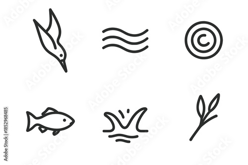 Kingfisher River Icons. Line style icons of Kingfisher River Dive: kingfisher plunge, flowing river, rippling surface, fish