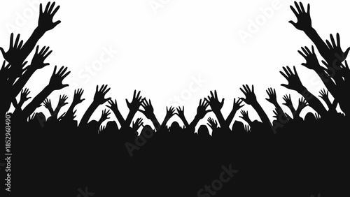 Numerous raised hands silhouetted against a bright white background showing collective energy