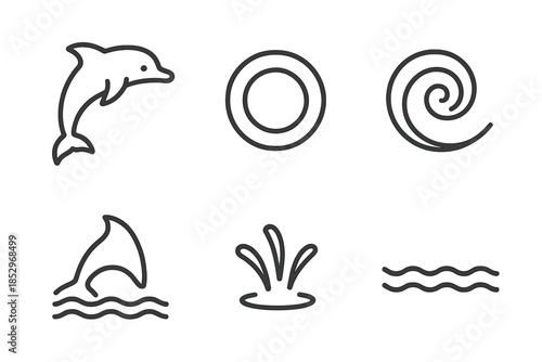 Dolphin Ring Icon. Line style icons of Dolphin Ring Current: dolphin silhouette, floating ring, swirling current, fin curve,