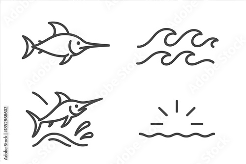 Swordfish Ocean Icons. Line style icons of Swordfish Ocean Spear: swordfish silhouette, long bill, rolling waves, fin sweep,