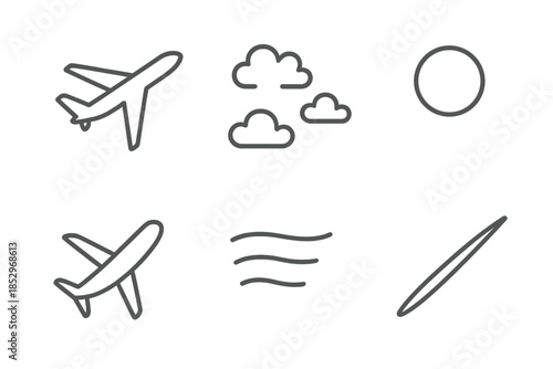 Evening Air Glide Icons. Line style icons of Evening Air Glide: aircraft shape, scattered clouds, glowing disc, wing bend, dusk