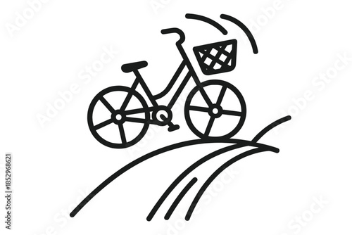 Basket Ride Icons. Line style icons of Basket Ride Ascent: two-wheel form, steep incline, woven basket, tire lines, trail curve,