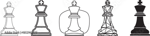 Chess king piece vector illustration in modern geometric and outline styles representing leadership strategy and power for business branding.