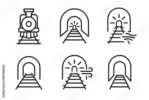 Track Passage Icons. Line style icons of Lighted Track Passage: engine shape, hollow tunnel, forward glow, track pattern, breeze