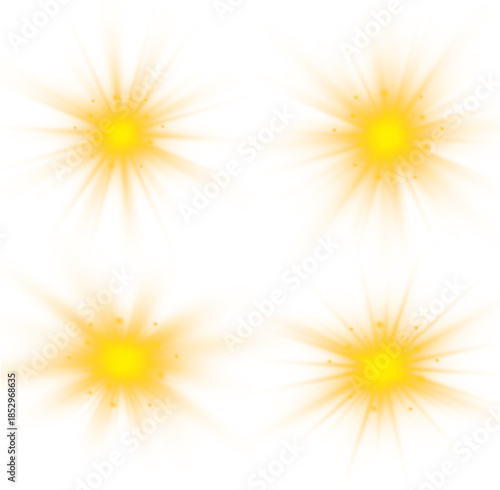 Glowing explosion of white light with sparkling stars. Bright rays create dynamic shine. Transparent background keeps illustration clean and versatile.