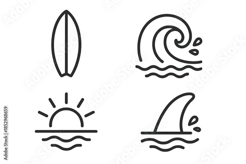 Barrel Surf Icons. Line style icons of Barrel Surf Glow: sleek board, hollow wave, sun arc, fin sweep, splash hints, water contour