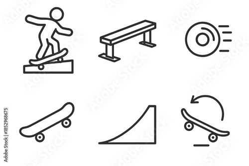 Skateboarding Trick Icons. Line style icons of Wheel Grind Scene: skateboard figure, ledge rail, fast wheel, deck bend, slope line