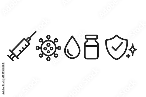 Syringe Cure Icons. Line style icons of Syringe Virus Cure: syringe silhouette, virus shape, cure drop, vial outline, shield arc,