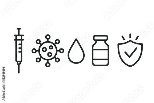 Virus Shield Icons. Line style icons of Virus Shield Injection: needle figure, viral point, droplet cure, vial neck, shield sweep,