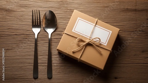 A charming culinary scene featuring a fork, spoon, and a beautifully wrapped gift box on rustic wood