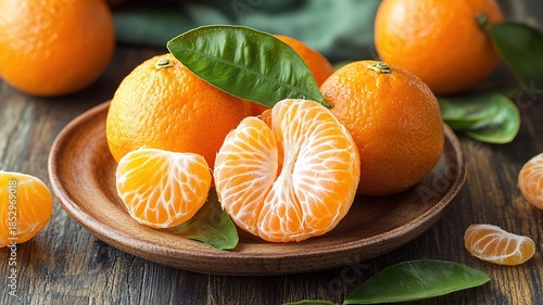 tangerines with leaves on wooden table