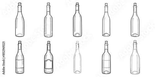 Hand Drawn Wine Bottle Line Illustration. Minimal Black and White Alcohol Beverage Sketch, Simple Doodle Bottle Icon with cork. Menu Design, Winery Branding, Labels and Packaging, celebration