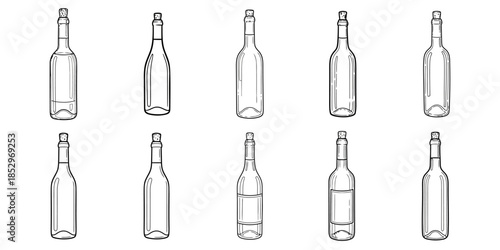 Hand Drawn Wine Bottle Line Illustration. Minimal Black and White Alcohol Beverage Sketch, Simple Doodle Bottle Icon with cork. Menu Design, Winery Branding, Labels and Packaging, celebration