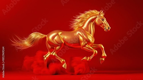 Cinematic Golden Horse Running Against a Red Background, Celebrating the Year of the Horse for Chinese New Year, Symbolizing Luck, Prosperity, Energy, and Majestic Cultural Festivities