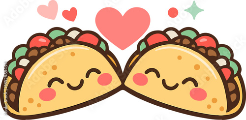 Two cartoon tacos embracing with happy faces surrounded by hearts and decorations