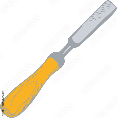 Hand drawn illustration of a wood chisel with yellow handle for carpentry, woodworking tool concept, DIY projects, construction and craftsmanship illustration, workshop equipment design.