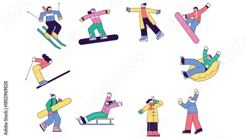 People enjoying various winter sports and activities on a white background.