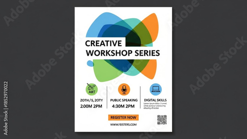 Creative workshop series poster with abstract colorful overlapping shapes and icons for art public speaking