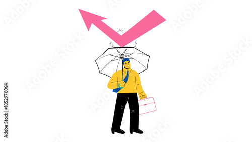Man holding an umbrella with a pink arrow reflecting off it.