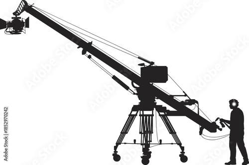 Professional camera crane silhouette with operator filming studio production broadcast television movie scene isolated black vector illustration design