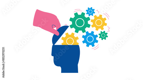 A hand places gears into an open head, symbolizing thought and ideas.
