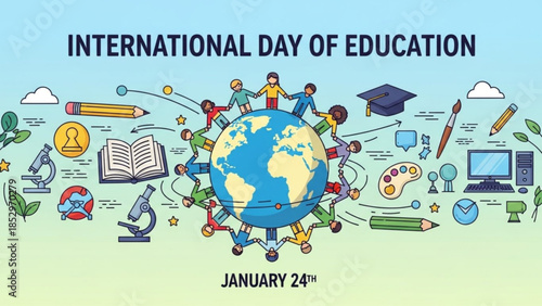 International Day of Education concept diverse children holding hands around the globe with school and learning icons celebrating global knowledge and unity on January 24th