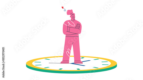 A person stands on a clock face, contemplating time.